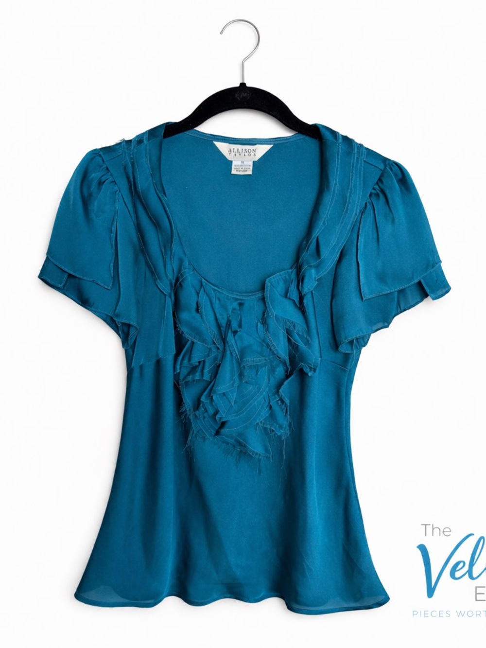 Allison Taylor Teal Ruffle Blouse Size M Romantic Career Top